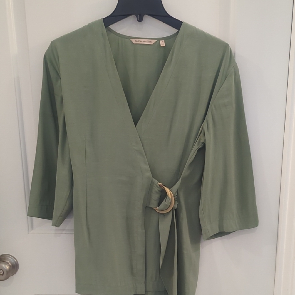 Soft Surroundings Sage Green Wrap Top With Tortoise Shell Buckle